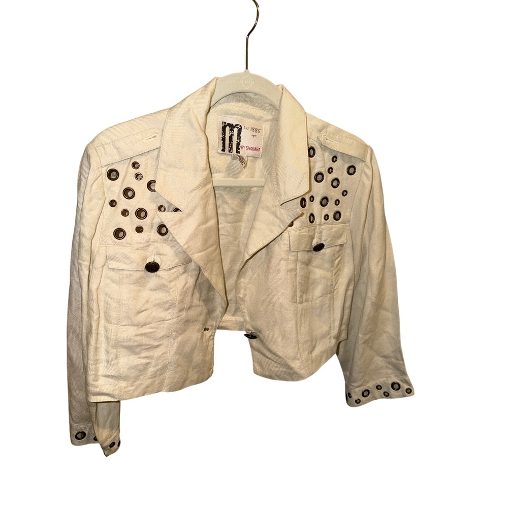 M by Shakara Vintage Cream Linen Blend Cropped Grommet Eyelet Jacket Size 14